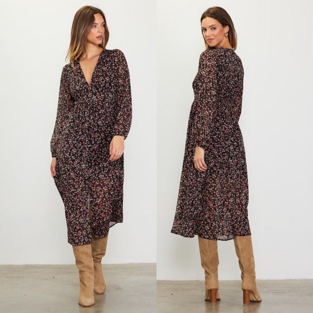 Skies Are Blue Black Floral Long Puff Sleeve Low Cut Button Front Midi Dress Lg